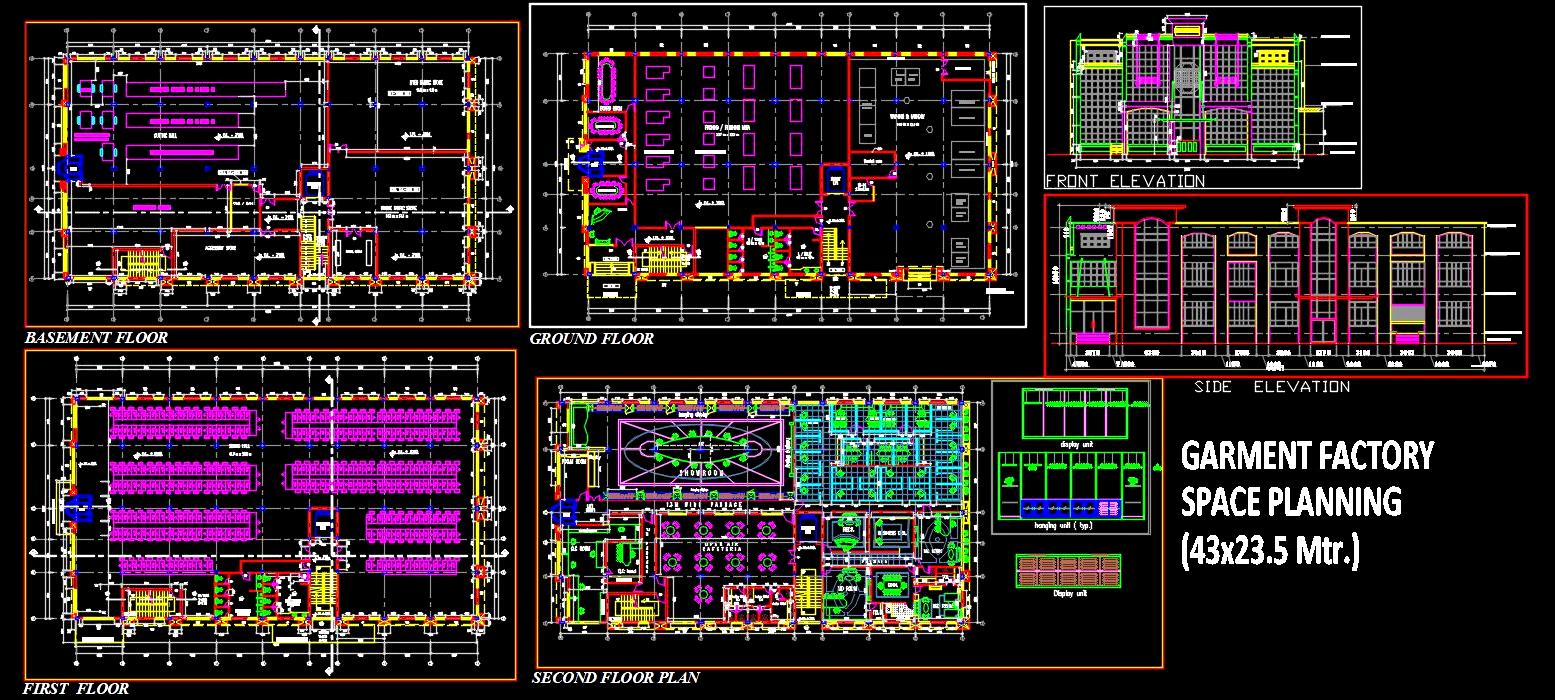 Garment Factory Layout in AutoCAD- G+2 Floors and Basement